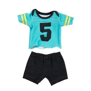 Puppenkleidung Set Zyan Trikot Nummer 5 mit dunklen Jeansshorts fuer 18 Zoll Puppen