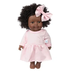 12 Zoll schwarze Babypuppe mit lockigem Haar, süßes rosa Kleid und Schleife, tolles Kinderspielzeug.