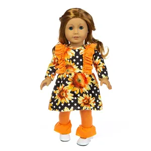 18-inch doll sunflower print dress outfit with bright orange leggings for girl dolls.