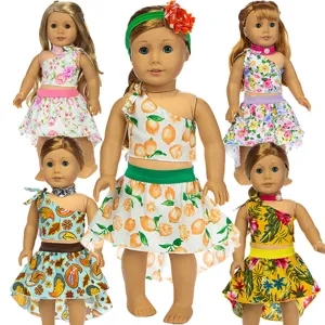 Pastoral Stoff Blumen Zitrone Puppenkleidung Zubehör One Shoulder Top Asymmetrischer Rock Set Für Zoll Mädchen Puppen Kinder Spielzeug