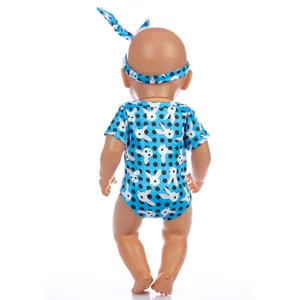 18 zoll puppen sommer kleidung blauer hase punkt romper und stirnband set für puppen.