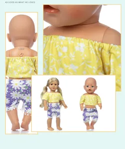 Puppenkleidung Set mit Blümchen-Top und Gänseblümchen-Shorts für 18-Zoll-Puppen im Detail.