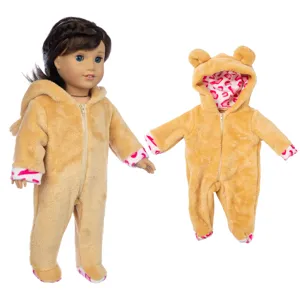 18 Zoll Puppe Plüsch Bär Strampler Kleidung Set mit rosa Leopardenmuster Futter Kapuze Ohren.