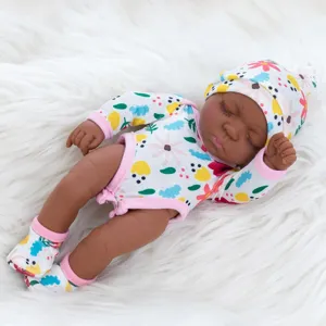 10 inch black baby doll soft vinyl reborn doll with cute floral outfit and hat set for kids.