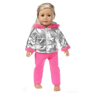 18 Zoll Puppenkleidung, silberne glänzende Daunenjacke und rosa Hose für Ankleidespiel.