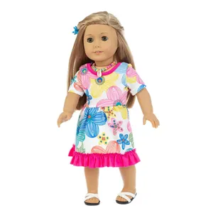 Blumen Feder Druck Puppenbekleidung Zubehör Für American Girl Sommer Puppenkleid Outfit Set Dekorative Puppenkleidung