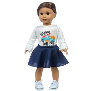 Doll Clothes Set Top And Bottom For Large Girl Dolls Cotton Blend Denim Autumn Truck Pumpkin Print Outfit Casual Wear