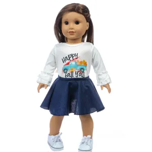 18 inch doll clothes outfit white graphic long sleeve t shirt blue denim skirt and sneakers