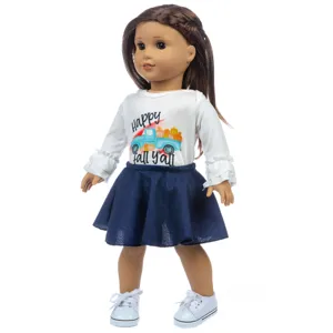 18-inch doll clothing set featuring long sleeve graphic top and denim skirt main view.