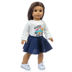 18 inch doll clothes set white long sleeve top blue denim skirt white shoes outfit