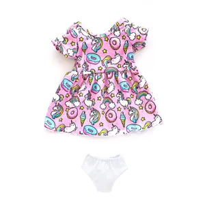 18 Zoll amerikanische Puppenkleid süß Einhorn Donut Druck rosa Kleid mit weißem Höschen