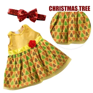 18 Zoll Puppenkleidung Set Weihnachtsbaum Druck Kleid und rotes Pailletten Stirnband Spielzeug
