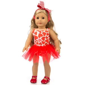 18 Zoll American Girl Puppenkleidung rotes Herz Kleid Tutu Haarkonvolut Set Spielzeug.