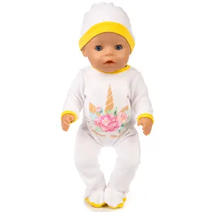 18-Zoll Puppe weißer Strampler und Mütze Set mit Einhorn Blumenmuster für Puppenkleidung.