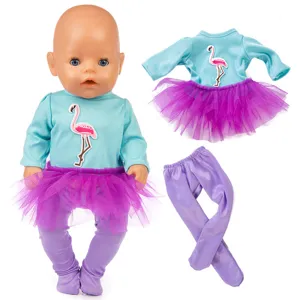 Flamingo Puppenkleidung Set mit Langarmshirt Tutu Rock und Strumpfhosen für Puppen.