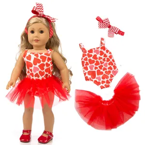 18 Zoll Puppenkleidung Set rotes Herz Druck Badeanzug Tutu Rock und Haarreif für Ankleidepuppe