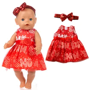 Weihnachtsrotes Kleid und glitzerndes Pailletten-Haarband Set für 18-Zoll Puppen Festtagsoutfit