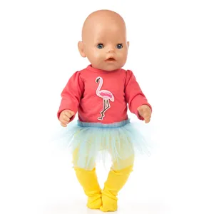 Puppenkleidung Set mit rosa Flamingo-Oberteil, blauem Tütü-Rock und gelben Leggings für Puppen.