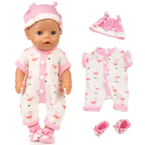 18-inch baby doll clothes set with cute flamingo romper, matching hat, and booties.