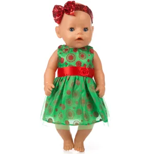 Weihnachts Puppenkleid Set für 18 Zoll Puppen, grünes Glitzerkleid und rotes Schleifen Stirnband.