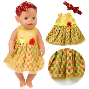 Weihnachtspuppenkleidung Set 18 Zoll Puppenkleid mit Weihnachtsbaum Muster und Stirnband.