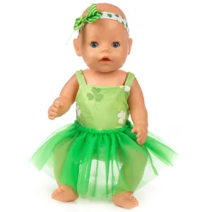 Grünes Kleeblatt Puppenkleid und Haargriff Set für 18-Zoll Babypuppen, süßes Tüllkleid.