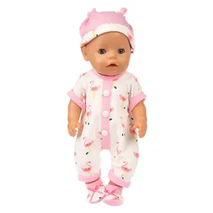 18-inch doll clothes set with cute pink flamingo onesie, hat and matching cute shoes.