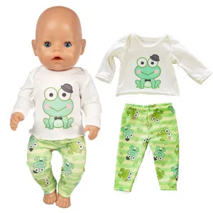 18 Zoll Puppenkleidung Set süßer Frosch Print Langarmshirt Hose Kinder Spielzeug Puppen Outfit
