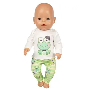 Süßes Froschmuster Langarmshirt und gestreifte Hosen Anzug für 45cm Puppen Detailansicht