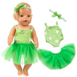 18 Zoll Puppenkleidung Set grüner Klee Druck Strampler Tutu Rock Stirnband Zubehör