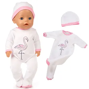Weisser Flamingo Print Strampler und passende Muetze fuer 18 Zoll Babypuppen und Kleidung.