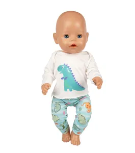 Niedliches 45cm Puppenkleidung Set mit weißem Dinosaurier T-Shirt und gestreiften Hosen.