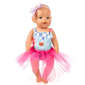 Süßes Puppenkleidungsset mit Heißluftballon-Body, rosa Tütü-Rock und lila Schleifen-Haarband.
