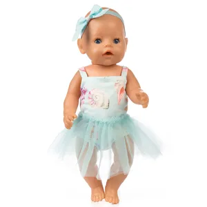 Süßes Puppenkleid mit Muschel-Muster und passendem Stirnband für 18-Zoll Babypuppen.