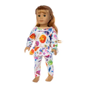 18 Zoll Puppenkleidung Halloween Kürbis Print Langarmshirt und Hose Set für Spielpuppen