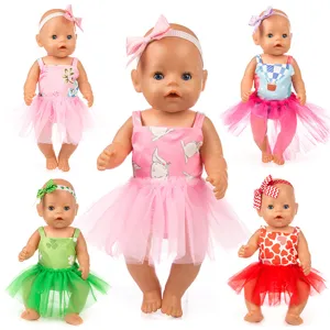 Niedliches Tütü-Kleid und Stirnband Set mit Cartoon-Mustern für 18-Zoll Babypuppen.