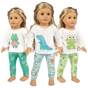 Cartoon Puppenkleidung Set Dinosaurier Frosch Bedrucktes T-Shirt Und Hose Für Achtzehn Zoll American Girl Puppen Zubehör Kleidung