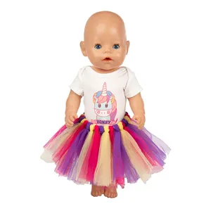 18 inch poppenkleding set met witte eenhoorn romper en kleurrijke tutu rok voor poppen.
