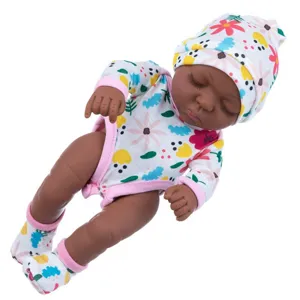 10 inch black reborn baby doll with floral clothes set, soft vinyl cute toy for kids.