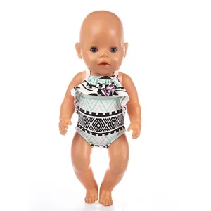 Süßes 45cm Babypuppe Sommer Badeanzug Set mit stilvollem geometrischem Muster und Rüschen.