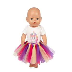 Buntes Tutu-Rock und Einhorn-Body Detail für 45cm Puppe, süßes Sommer Outfit Set.
