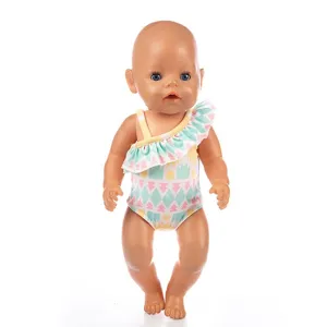 45cm Babypuppe Sommer Badeanzug Set mit süßem One-Schulter Rüschen Design und buntem Print.