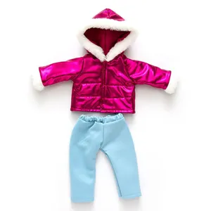 18 Zoll amerikanische Puppen Winterkleidung Set glänzender rosa Mantel blaue Hose Zubehör