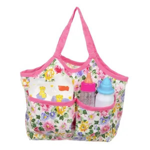 Kinder Puppen Pflegetasche mit Blumenmuster und Spielzeugflaschen für Puppenhaus.