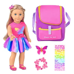 18 Inch Doll Clothes And Backpack Set For Girl Doll Accessories Including Pink Butterfly Top Gradient Skirt Bracelet Hair Clip