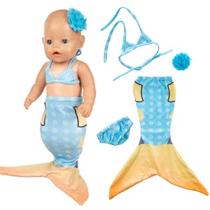 18 zoll baby puppe meerjungfrau kleidung badeanzug set mit blauem blumen stirnband fuer kinder