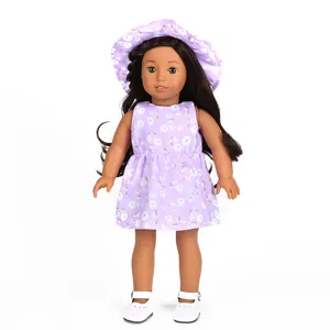 18 Zoll amerikanische Puppen Kleidung lila Blumenkleid passender Hut und weiße Schuhe Set