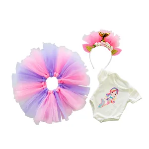 18 Zoll Puppenkleidung Meerjungfrau Regenbogen Tüllrock Stirnband Strampler Set für Puppen