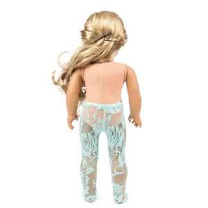 Detailansicht von 18 Zoll Puppen Spitzen Leggings, blaue Blumen Muster Strumpfhose.