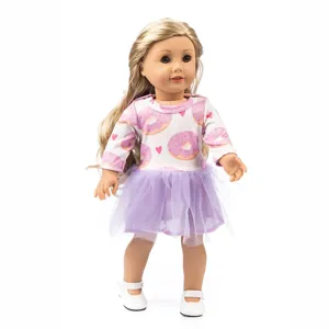 18 Zoll Puppenkleidung Set mit Donut Print Top lila Tutu Rock und weißen Schuhen für 45cm Puppen.